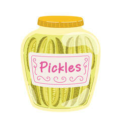 Jar of pickles slices. Pickled cucumbers slices in a glass jar. Fermentation of vegetables. Food vector illustration isolated on white background.