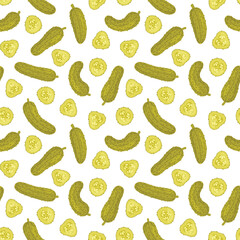Pickles seamless pattern. Pickled cucumbers and cucumber slices on white background. Fermentation of vegetables. Food vector illustration