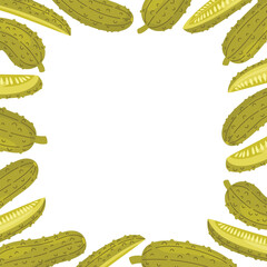 Pickles square frame. Pickled cucumbers an cucumber slices border. Fermented vegetables decoration. Food vector illustration isolated on white background.