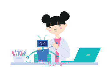 Asian girl student makes a robot at engineering lesson. Girls learn STEM. Robot project construction and engineering learning at school. Knowledge for all. School study time vector illustration