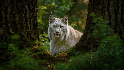 Naklejka premium A wild cat peers fiercely from its hiding spot