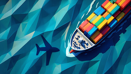 An abstract, low-poly style illustration of a container ship and an airplane over a geometric sea.