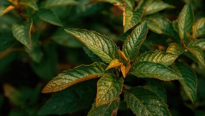 Chili leaves in close-up detail, highlighting agricultural beauty and autumn hues