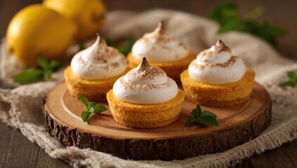 Lemon Pie slices with toasted meringue arranged on a wooden board, a delightful dessert choice