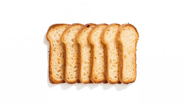 Toasted bread pieces viewed from above on a plain white backdrop