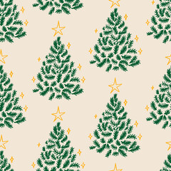 Holiday elegant seamless pattern with christmas trees and stars. Vector hand drawn background in vintage sketch style