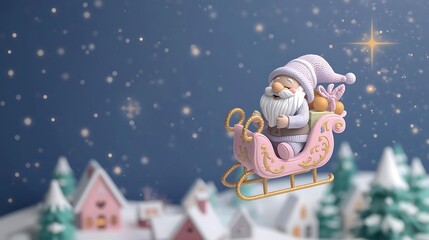 Fototapeta premium Cute Knitted Santa in Pink Sleigh Flying over VillageChristmas Night Sky with Gnome and Guiding Star