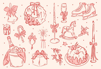 Set Christmas elements. Coquette illustrations champagne, cake, wreath, candle, box for cards, greetings and holidays.