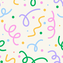 Playful and funky seamless pattern with quirky lines. Vector holiday background. Celebration, birthday confetti concept. Colorful festival scribbles