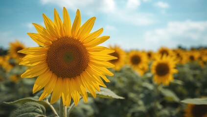 Obraz premium Closeup of a sunflower amidst a field of sunflowers on a sunny summer day, ideal for text layout