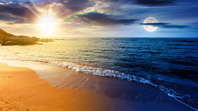 panoramic view of sand beach landscape. day and night time change concept. summer solstice season at the sea with sun and moon on sky. beautiful seaside with calm water. wide coast travel banner