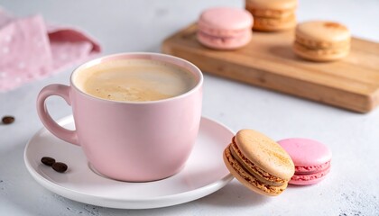 Pink mug filled with creamy coffee, paired with pastel macarons and a pink napkin on a textured surface