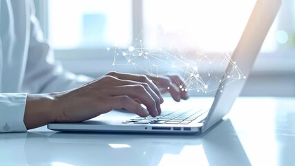 Person typing on laptop with digital network overlay, representing global business and technology. - Powered by Adobe