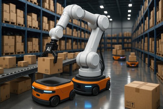 Robotic arm and autonomous mobile robots in a modern warehouse sorting packages automation logistics