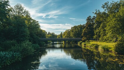 Fototapeta premium A bridge spanning a river beneath a clear blue sky in a public park, surrounded by greenery, showcasing urban accessibility