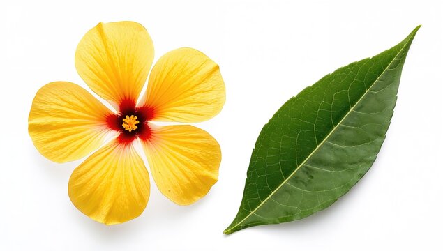 Single yellow hibiscus flower with a green leaf on a white backdrop