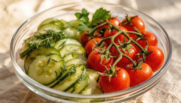 Ripe cherry tomatoes and sliced cucumbers in a glass bowl, a fiber-dense choice for a barbecue