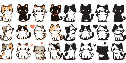 Set of cute cat vectors and shilhouttes on a white background