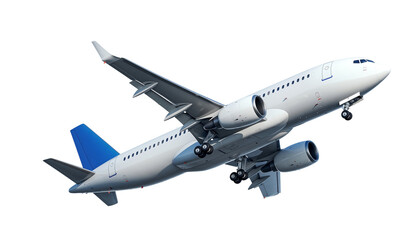 Obraz premium Modern white passenger jet airplane ascending with blue tail isolated on transparent background