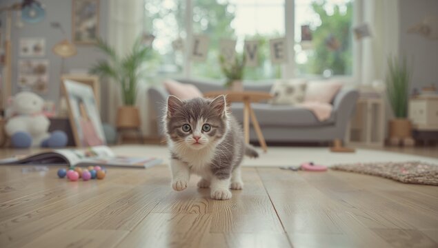 Adored kitten frolicking in a serene household environment, enhancing relaxation