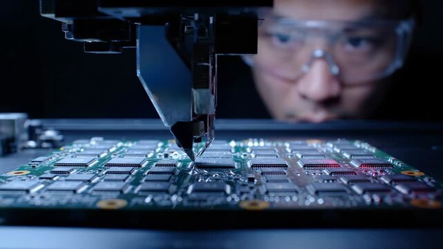 Soldering nozzle deposits solder on pcb. Technician monitors circuit board assembly. Electronics manufacturing shows smt placement. Close up of solder joint on pcb. High precision smt control process.