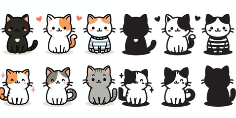 Set of cute cat vectors and shilhouttes on a white background