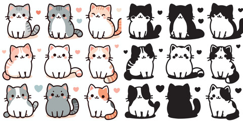 Set of cute cat vectors and shilhouttes on a white background