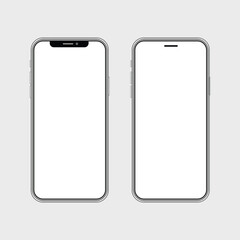Two modern smartphones with blank screens displayed side by side on a neutral background, showcasing design vector illustration