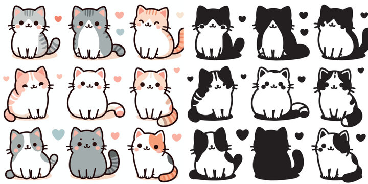 Set of cute cat vectors and shilhouttes on a white background
