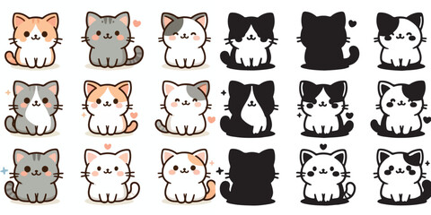 Set of cute cat vectors and shilhouttes on a white background