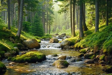 Obraz premium Sunlit forest stream flowing over moss-covered rocks surrounded by tall evergreen trees and lush green vegetation