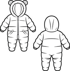 Cute padded baby snowsuit vector illustration with hood bear ears, front zipper, winter clothing design for infants, cozy warm outfit