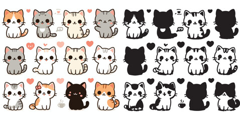 Set of cute cat vectors and shilhouttes on a white background