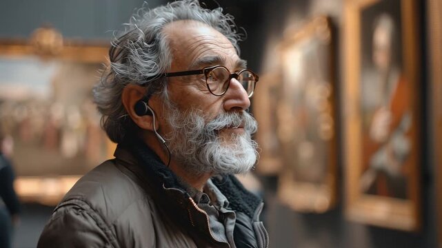 A man with gray hair and glasses listens to an audio guide while observing artwork in a gallery. The setting is filled with beautiful paintings, creating a rich cultural atmosphere