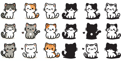 Set of cute cat vectors and shilhouttes on a white background