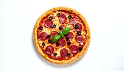 Pepperoni pizza with black olives and basil sits centered on a white surface, overhead view, vibrant colors
