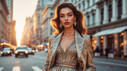Fototapeta premium Elegant woman in city street, wearing stylish dress and jacket, looking at camera