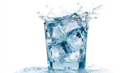 Refreshing glass of water with ice cubes and dynamic splash, isolated on white background, capturing liquid motion, hydration concept, beverage photography for refreshing drink and summer themes