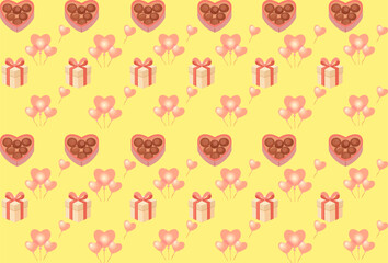 Seamless Valentine Pattern with Heart Balloons, Chocolate Box and Gift on Yellow Background