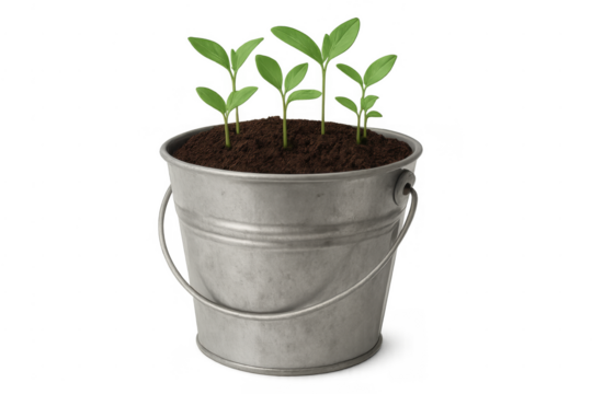 Seedlings growing in galvanized bucket with soil, transparent background