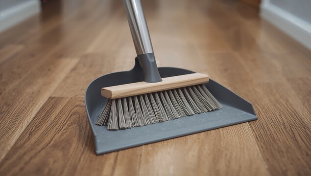 Close-up of dustpan and sweeping brush on wooden floor, home cleaning tools for effective hygiene maintenance