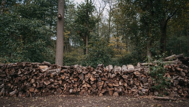 Background of stacked firewood in a natural forest setting with greenery and trees