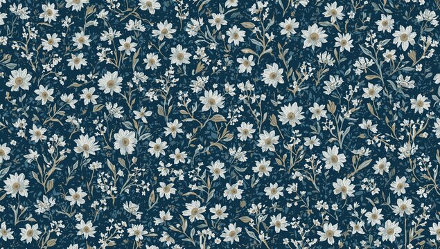 Chic tiny white blossom design with classic floral motifs. Continuous pattern ideal for fabric designs. Delicate flower arrangement in a repeated 2D textured format. Seasonal spring flora theme.