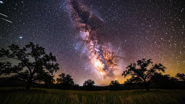 Star filled night sky featuring tranquil landscape with swaying trees, perfect for evoking feelings of peaceful exploration or contemplation, ideal for use as background footage in commercials.