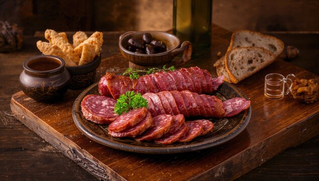 Appetizers featuring sliced cured meats, olives, and fresh herbs on a rustic wooden surface