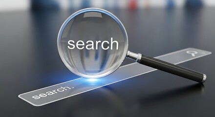 A magnifying glass over a search bar with the word search on both