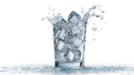 Refreshing glass of water with ice cubes and dynamic splash, isolated on white background, capturing liquid motion, hydration concept, beverage photography for refreshing drink and summer themes