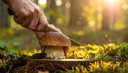 Person cuts brown mushroom on wooden disc in sunlit forest. Mossy ground, blurred trees, shiny knife