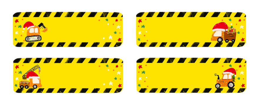 cute set of blank empty kids christmas xmas yellow under construction heavy machinery vehicle design for Name Label birthday gift tag party sticker colorful crayon doodle watercolor illustration