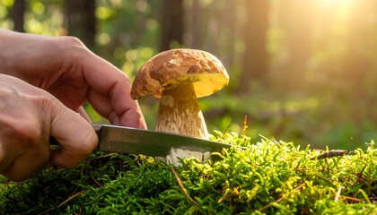Person cuts mushroom with a knife, placed on mossy ground in forest, sun rays visible
